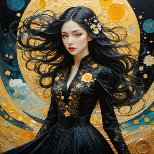 Prompt: Art by Aleksey Savrasov, Victo Ngai, Greg Simkins, van Gogh, Luis Royo, oil painting, Surreal, vintage girl, Fluid ,quilling art, Black paper dress with glitter, professional, cinematic,  Complex background, dramatic light, hyper realistic.