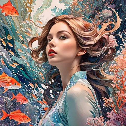 Prompt: "Keep yourself alive underwater watercolor. by Android Jones: Japanese Art: James Jean: Erin Hanson: Anna Dittmann: professional photography, natural lighting, volumetric lighting maximalist, photo illustration 8k resolution concept art intricately detailed, complex, elegant, expansive, fantastical"


