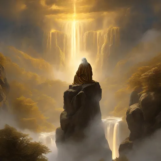 Prompt: A wise God of Wisdom, seated atop a celestial mountain with cascading waterfalls, portrayed in an acrylic painting style with warm golden tones and divine light, evoking a sense of profound wisdom and tranquility. a masterpiece by David Friedrich, breathtaking intricate details, realistic and lifelike cgi, dramatic natural lighting, reflective catchlights, high quality CGI VFX fine art