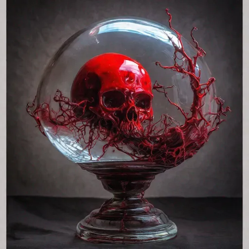 Prompt: "A delicate clear glass enchanted red bloody globe, macabre, insane depth, bioluminescent blacklight 

