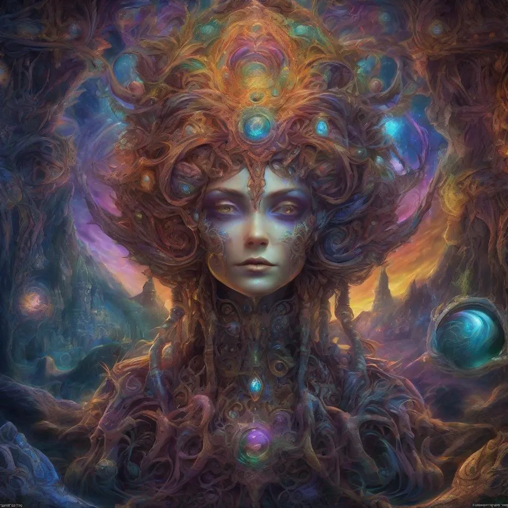 Prompt: spacecore, eldritch, psychic, elemental masterpiece 8k resolution Behance HD scrollwork magic conduits zBrush Central contest winner, cel-shaded gothic psychedelic wonderland pastiche by Josephine Wall, deep color