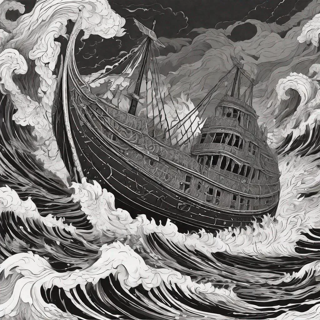 Prompt: "line art || charred flamboyant firey lava Viking ship in a stormy sea, intricate background, hyperdetailed, maximalist,"

