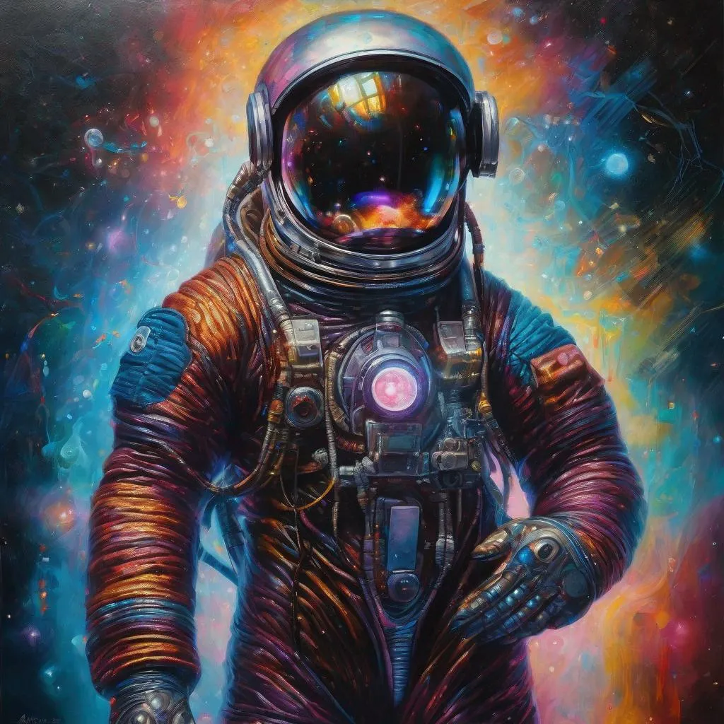 Prompt: A painting depicting artificial intelligence astronaut by Stefan Gesell, Dark theme with vivid colors, marvel of art, by Anne Geddes, some illuminated sparkling small objects in the background, by Mel Bochner, by Martine Johanna