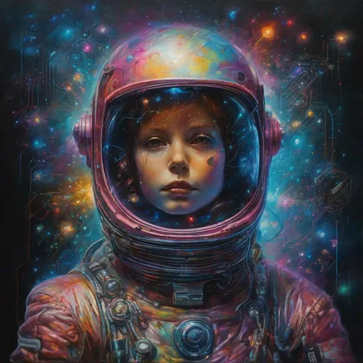 Prompt: A painting depicting artificial intelligence astronaut by Stefan Gesell, Dark theme with vivid colors, marvel of art, by Anne Geddes, some illuminated sparkling small objects in the background, by Mel Bochner, by Martine Johanna