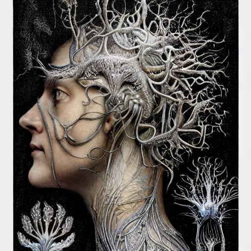 Prompt: detailed realistic beautiful silver neuron face portrait by jean delville, gustave dore, iris van herpen and marco mazzoni, art forms of nature by ernst haeckel, art nouveau, symbolist, visionary, gothic, neo - gothic, pre - raphaelite, fractal lace, intricate alien botanicals, biodiversity, surreality, hyperdetailed ultrasharp octane render