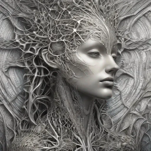 Prompt: detailed realistic beautiful silver neuron face portrait by jean delville, gustave dore, iris van herpen and marco mazzoni, art forms of nature by ernst haeckel, art nouveau, symbolist, visionary, gothic, neo - gothic, pre - raphaelite, fractal lace, intricate alien botanicals, biodiversity, surreality, hyperdetailed ultrasharp octane render