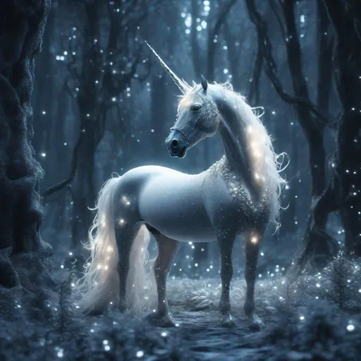 Prompt: epic shot of a beautiful bioluminiscent pearl silver-white unicorn wandering  in a moonlit enchanted fantasy forest, deep inside a dark forest, silver sparks, silver glitter, cinematic, deep depth of field, 3D, 16k resolution photorealistic, a masterpiece by David Friedrich, breathtaking intricate details, realistic and lifelike cgi, dramatic natural lighting, reflective catchlights, high quality CGI VFX fine art