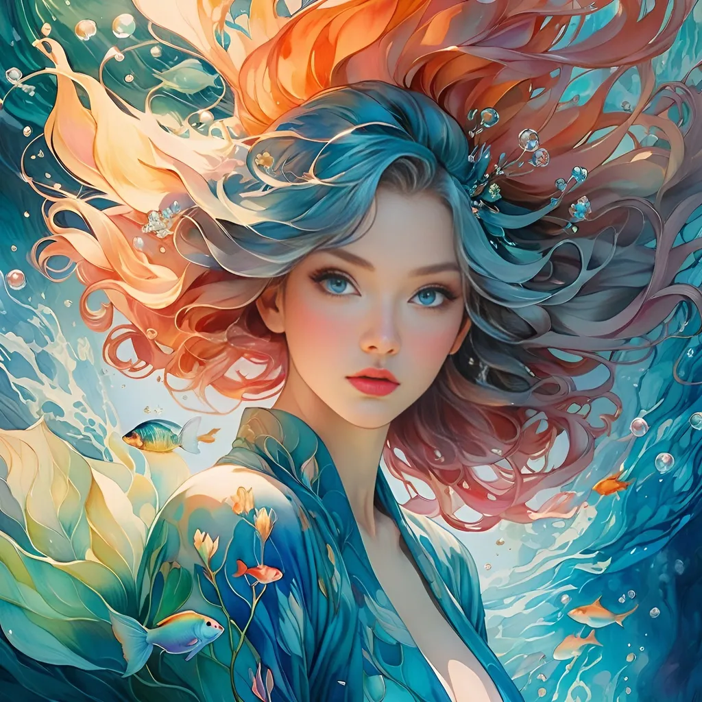 Prompt: "Keep yourself alive underwater watercolor. by Android Jones: Japanese Art: James Jean: Erin Hanson: Anna Dittmann: professional photography, natural lighting, volumetric lighting maximalist, photo illustration 8k resolution concept art intricately detailed, complex, elegant, expansive, fantastical"

