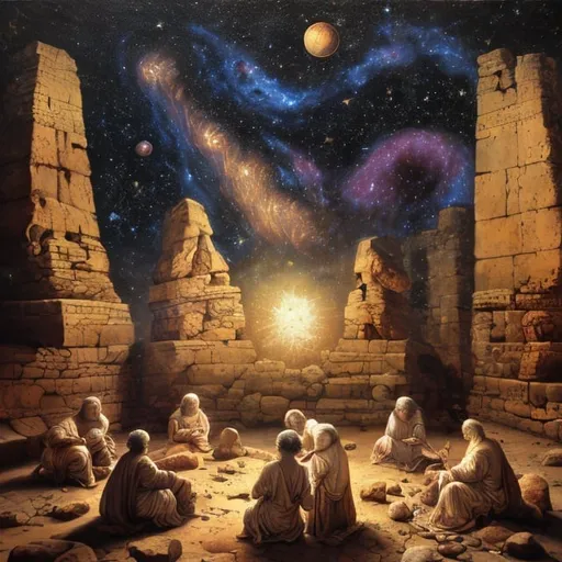 Prompt: Ancient astronomy observation, oil painting, detailed star maps, celestial objects, ancient scholars, high quality, realistic, ancient art style, warm earthy tones, soft lighting, intricate details, astronomical tools, historical accuracy