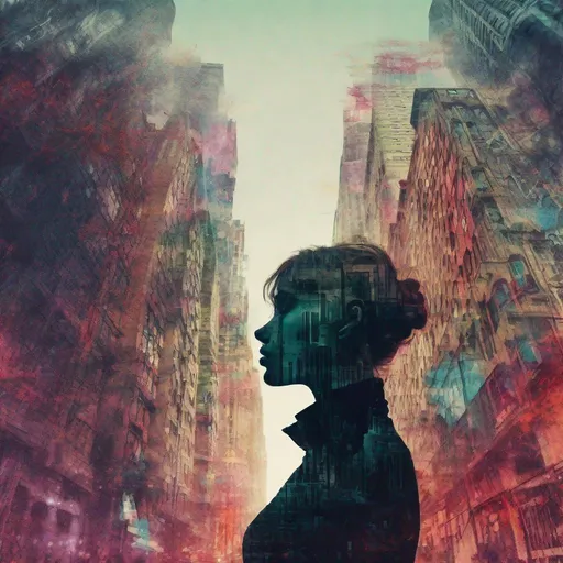 Prompt: (Double exposure effect:1.3) of (female portrait looking up :1.2) (silhouette:1.1) superimposed against (a dystopian city:1.3), by Dan Mountford, by Dan Hillier, bold colors, maximalist,  photoillustration, exquisite details
