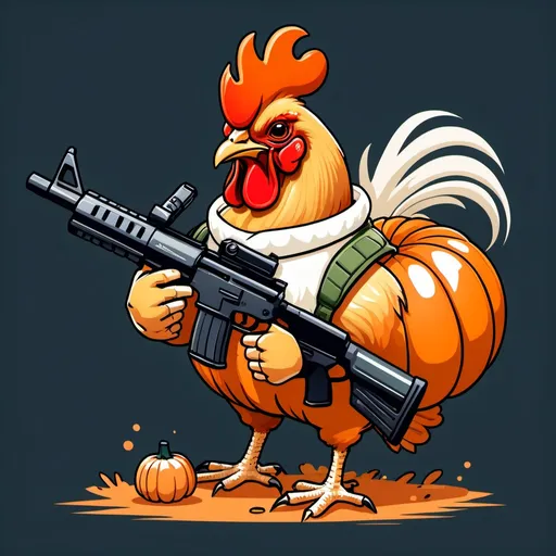 Prompt: a cute rooster with a pumpkin on its back and a assault rifle in its hand and the name sushiegoose above it