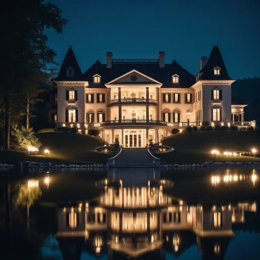 Prompt: mansion on a lake at night with lights
