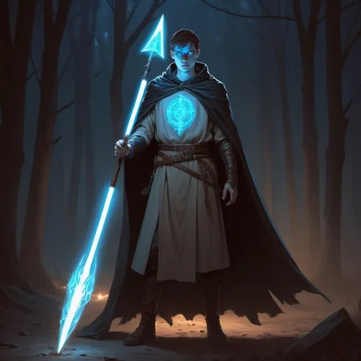 Prompt: Man wielding a glowing spear, eyes glowing with bright blue light, wearing plate mail, short brown hair. Pale white skin so he appears undead. Full body shot, black cloak hanging behind him. Digital art style.