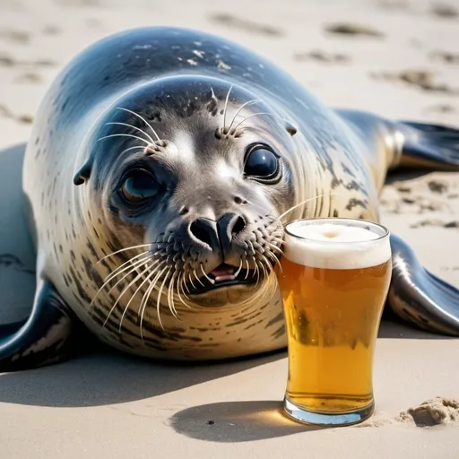 Prompt: A seal laying down, smilling, with a human bite in his back(like a cartoon bite)with a german beer at her left side