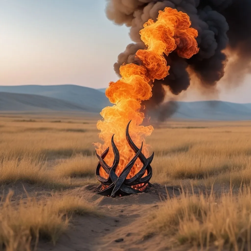 Prompt: Roter Teufel in der südafrikanischen Steppe mit amüsierter und doch sehr schelmischer Miene. Feuer in den Augen Gesicht mit Oberkörper. mit dem typischsten Teufel Symbol in der Hand