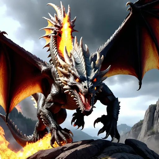 Prompt: Realistic dragon flying with big head, wings and body and tail that can be seen fully and is majestic looking and angry- a very bulky mean looking creature. And the dragon has fire coming out of it's nose as if it's angry. 4k quality, realistic, max realistic, high resolution, majestic, manly. 