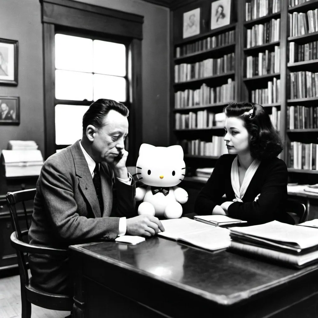 Prompt: hello kitty philosophizing at her desk sitting with albert camus.