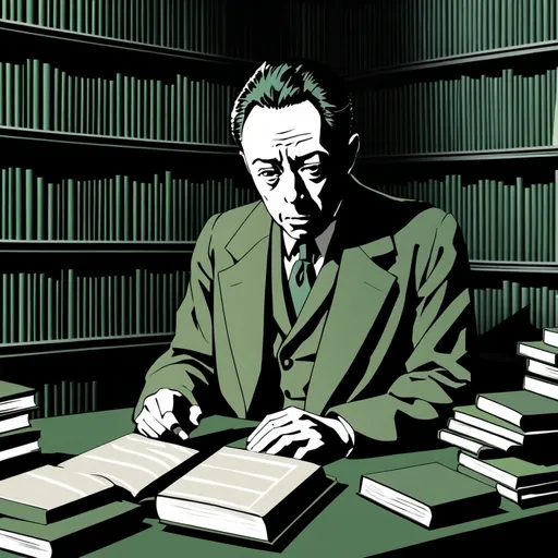 Prompt: Albert Camus in a dark green library, with books surrounding him and a light cast upon him to reveal his slight frown and thoughtful face. 