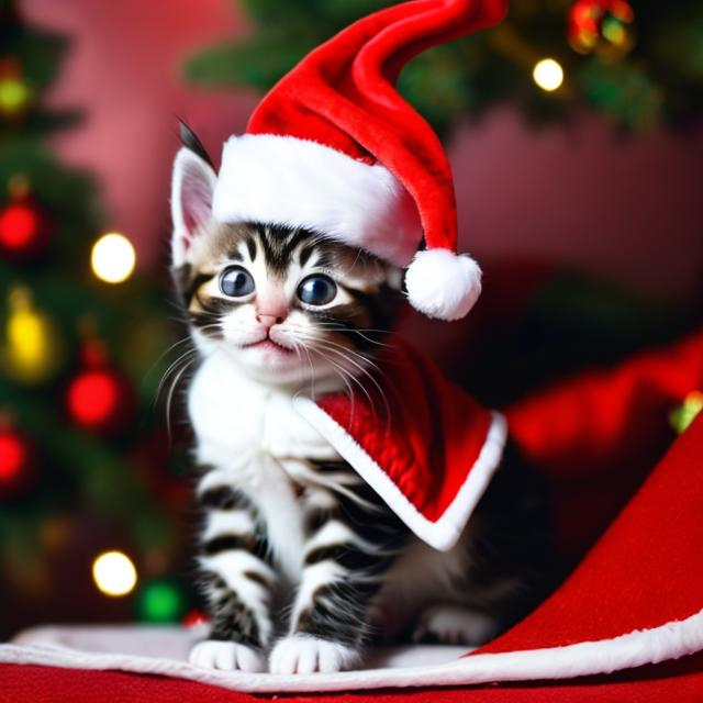 Prompt: a very happy and cute kitten with a santas hat next to a christmas tree


