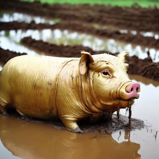Prompt: an alive golden pig in a farm swimming in mud



