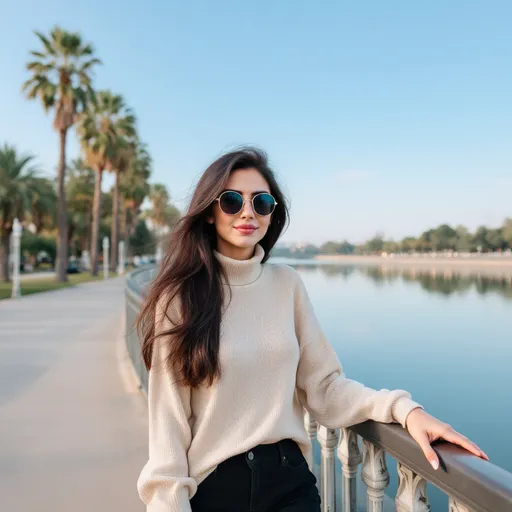 Prompt: Standing casually by a railing, a woman with long, dark hair radiates confidence as she smiles warmly at the camera, wearing stylish round sunglasses that reflect the serene atmosphere around her. She is dressed in a cozy, cream-colored turtleneck sweater and dark pants, with one hand resting on the railing and the other playfully tousling her hair. The scene captures an inviting riverside park, graced by palm trees and a gentle body of water that mirrors the clear, pale blue sky above. The tranquility of this outdoor setting, enriched by the soft light of day, conveys a sense of calm and enjoyment, making it a perfect day for a leisurely outing.