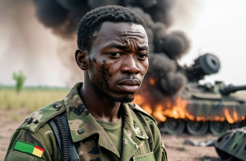 Prompt: full view, from head to toe, a dirty and sad African soldier in a camouflage butan uniform with small green and black pixels, who cries in the middle of a battlefield, in the background, wrecks of burning Russian tanks