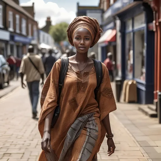 Prompt: young east African woman walking down the high street, detailed clothing, realistic, natural lighting