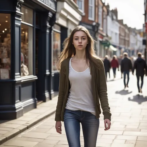 Prompt: Tall young woman walking down the high street, detailed clothing, realistic, natural lighting