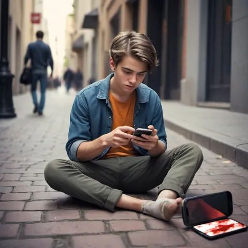 Prompt: a man sitting on the ground looking at his cell phone while holding a knife in his hand and looking at his phone, Dan Content, computer art, professional digital art, a stock photo ,wearing a something like  girl  pants or something like that, it's  a good idea for the app on the phone or something else but this is just a little boy  dressed as  his  sister and I love him  dressed in her own clothes 