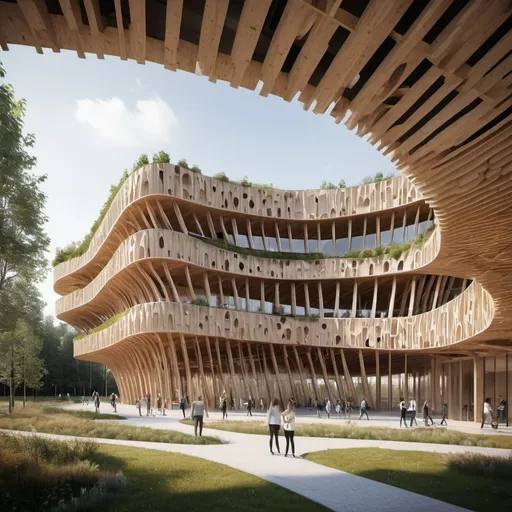 Prompt: futureristic parametric architecture, three storey high with a garden roof  building with kinetic architecture and vertical communication. its a educational facilities with alot open space. materials are mass timber beams and columns, its 1200sqm 

