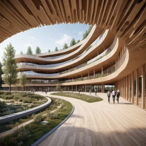 Prompt: futureristic parametric architecture, three storey high with a garden roof  building with kinetic architecture and vertical communication. its a educational facilities with alot open space. materials are mass timber beams and columns, its 1200sqm 

