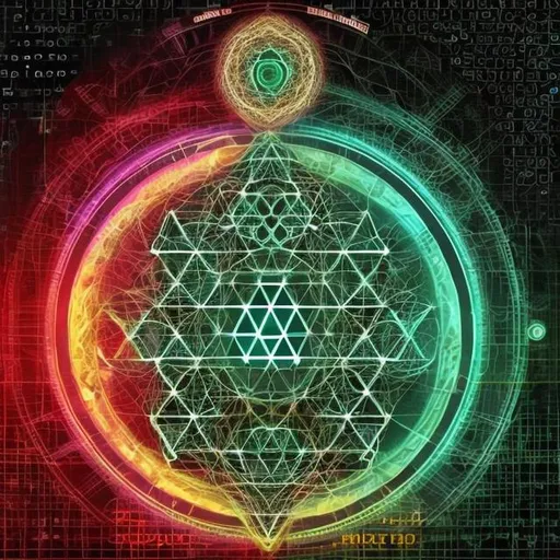 Prompt: please create an A.I concept of artificial intelligence and sacred geometry being fused together. use the colors green, yellow, red and black shades to create the image. do the image with a cyberpunk feel
