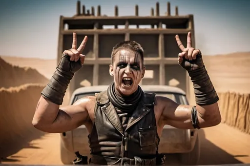 Prompt: A mad max character Celebrating the victory of completing a maze