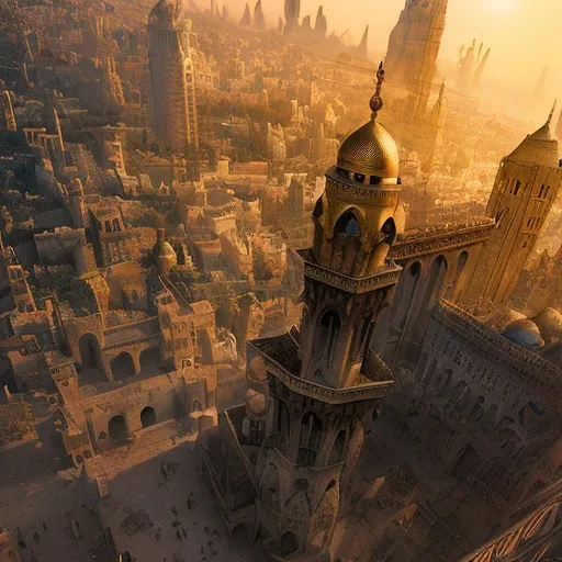 Prompt: Fantasy arabic city with steampunk buildings, bustling with people, cinematic shot, hyper-realistic, vibrant colors, intricate details, magical atmosphere, high fantasy, 8k, steampunk architecture, crowded streets, fantasy vibes, bustling market, ornate decorations, grand structures, intricate clockwork, majestic domes, magical lighting, mesmerizing colors, bustling crowd, architectural details, cinematic composition, hyper-realistic rendering