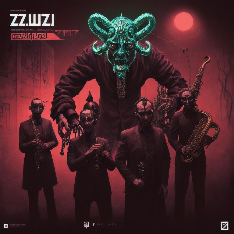 Prompt: Album cover for a Polish jazz band inspired by the year 2137, cursed demons, Arabic band name, futuristic jazz illustration, dark and mysterious, detailed demon figures, eerie atmosphere, haunting lighting, highres, ultra-detailed, futuristic, jazz, cursed demons, Polish, Arabic typography, atmospheric lighting