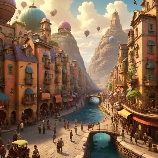 Prompt: Fantasy desert with steampunk buildings, bustling with people, flying whales, cinematic shot, hyper-realistic, vibrant colors, intricate details, magical atmosphere, high fantasy, 8k, steampunk architecture, crowded streets, fantasy vibes, bustling market, ornate decorations, grand structures, intricate clockwork, majestic domes, magical lighting, mesmerizing colors, bustling crowd, architectural details, cinematic composition, hyper-realistic rendering
