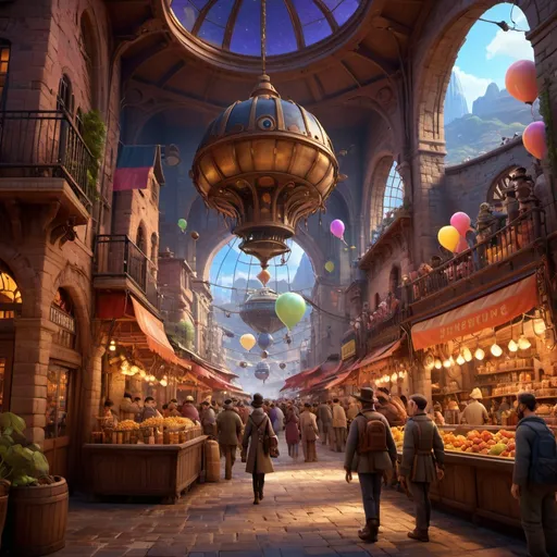 Prompt: Fantasy desert with steampunk buildings, bustling with people, flying whales, cinematic shot, hyper-realistic, vibrant colors, intricate details, magical atmosphere, high fantasy, 8k, steampunk architecture, crowded streets, fantasy vibes, bustling market, ornate decorations, grand structures, intricate clockwork, majestic domes, magical lighting, mesmerizing colors, bustling crowd, architectural details, cinematic composition, hyper-realistic rendering