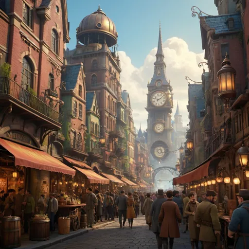 Prompt: Fantasy old city with steampunk buildings, bustling with people, cinematic shot, hyper-realistic, vibrant colors, intricate details, magical atmosphere, high fantasy, 8k, steampunk architecture, crowded streets, fantasy vibes, bustling market, ornate decorations, grand structures, intricate clockwork, majestic domes, magical lighting, mesmerizing colors, bustling crowd, architectural details, cinematic composition, hyper-realistic rendering