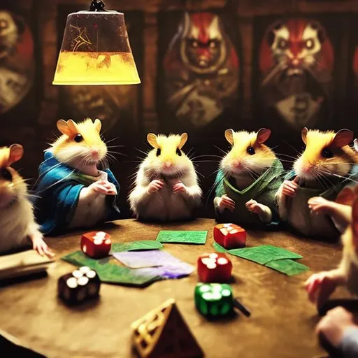 Prompt: Hamsters playing dungeons and dragons in moms basement 
