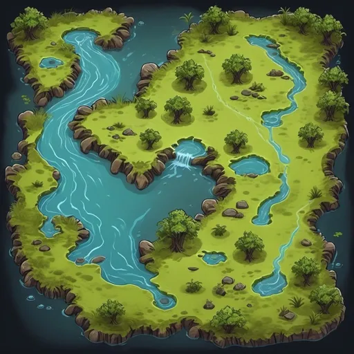Prompt: a fantasy map for a table top role playing game that is of a swamp with many creeks rivers and pools.  there will be slime and rocks and trees.  the plants will be creepy.  It will have a dark and dangerous feel