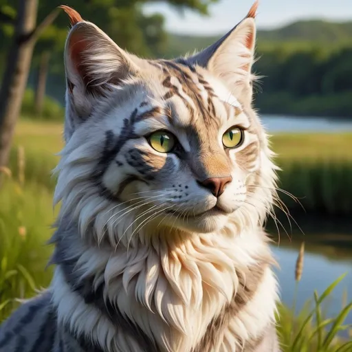 Prompt: portrait of a riverclan apprentice (warrior cats by Erin Hunter) white unique fur color and markings, river and grass in the background, gorgeous, warm, stunning, sunrise, full body