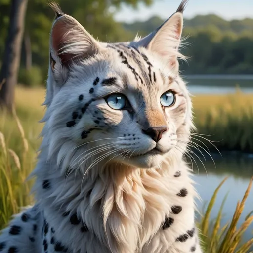 Prompt: portrait of a riverclan apprentice (warrior cats by Erin Hunter) white fur with black speckles and light brown spots, ice blue eyes, river and grass in the background, gorgeous, warm, stunning, sunrise, full body