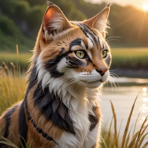Prompt: portrait of a riverclan apprentice (warrior cats by Erin Hunter) with brown, white and black fur and unique markings, river and grass in the background, gorgeous, warm, stunning, sunrise, full body