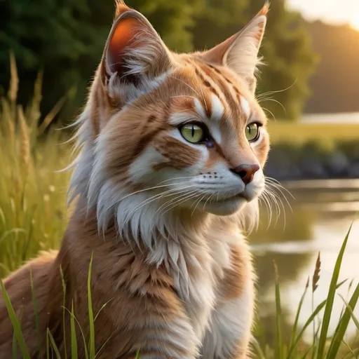 Prompt: portrait of a riverclan apprentice (warrior cats by Erin Hunter) white unique fur color and markings, river and grass in the background, gorgeous, warm, stunning, sunrise, full body