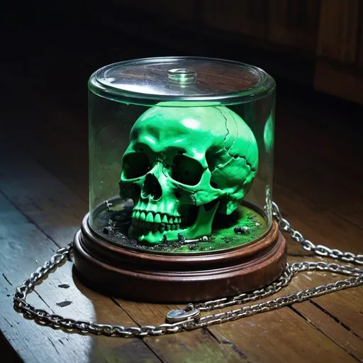 Prompt: An image of a skull inside a cylindrical glass box filled with a sticky green liquid surrounded by a silver chain in an after midnight atmosphere with harmonious colors on an old, rotting wood floor.  