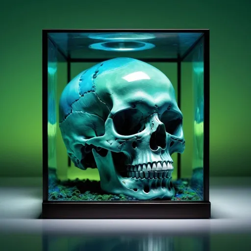 Prompt: An image of a human skull inside a small cylindrical glass box surrounded by a mixture of green and blue colors with high contrast and realistic visual effects.   