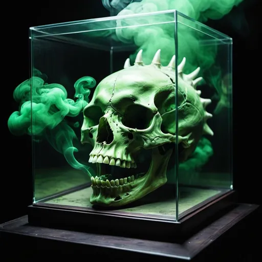 Prompt: A picture of a dragon skull inside a glass box in the middle of a terrifying atmosphere, toxic green smoke, high contrast and sharp lighting.  