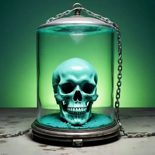 Prompt: A realistic image of a skull in a light green liquid inside a cylindrical glass box surrounded by a silver chain on an old, rough floor, in the middle of combined green and blue colors and good color effects with high, sharp contrast.  