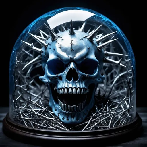 Prompt: An image of a werewolf skull inside a glass case surrounded by silver thorns after midnight in a terrifying atmosphere, with combined blue and black colors with high contrast and sharp visual effects. in after midnight