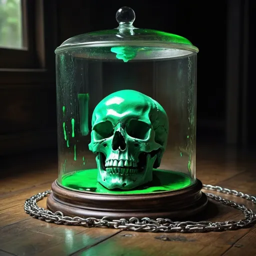 Prompt: An image of a skull inside a cylindrical glass box filled with a sticky green liquid surrounded by a silver chain in an after midnight atmosphere with harmonious colors on an old, rotting wood floor.  